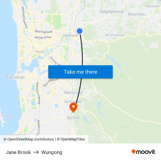 Jane Brook to Wungong map