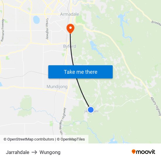 Jarrahdale to Wungong map