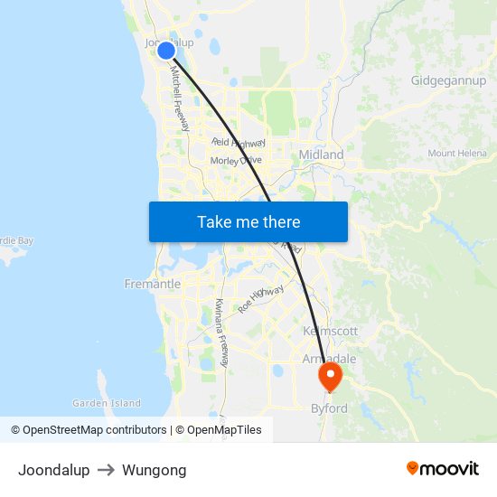 Joondalup to Wungong map