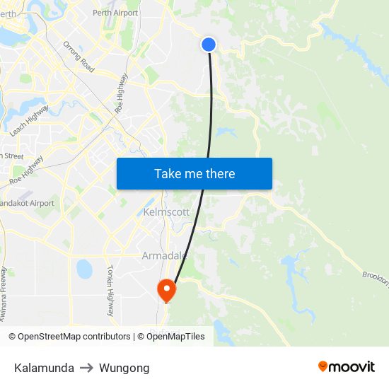 Kalamunda to Wungong map
