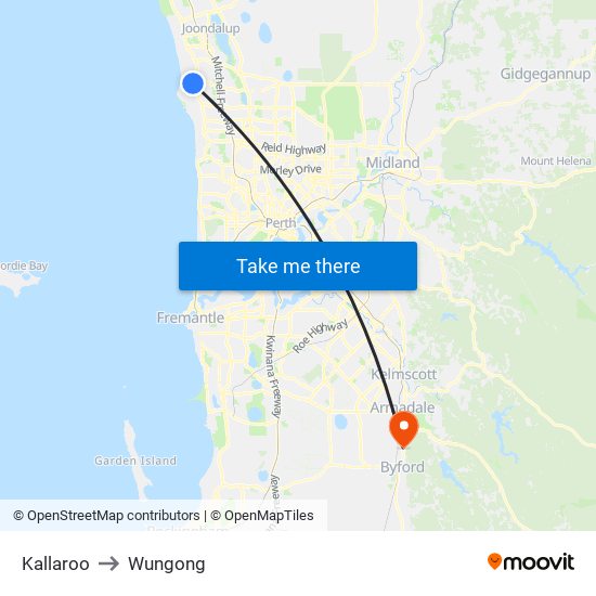 Kallaroo to Wungong map