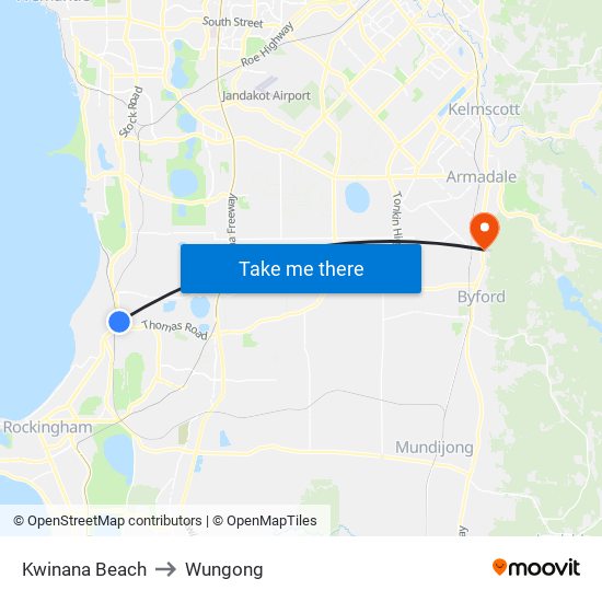 Kwinana Beach to Wungong map