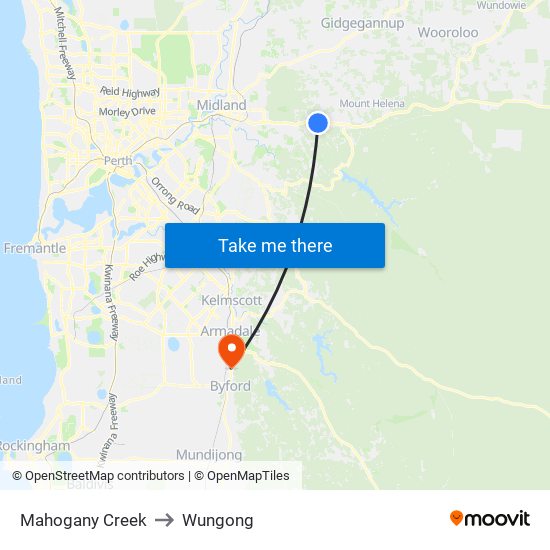 Mahogany Creek to Wungong map