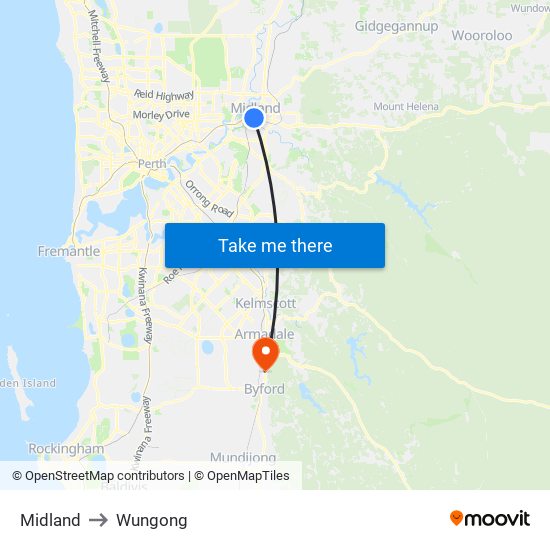 Midland to Wungong map