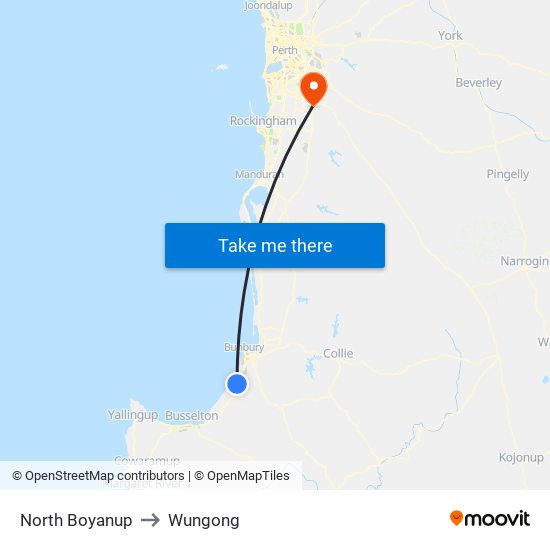 North Boyanup to Wungong map