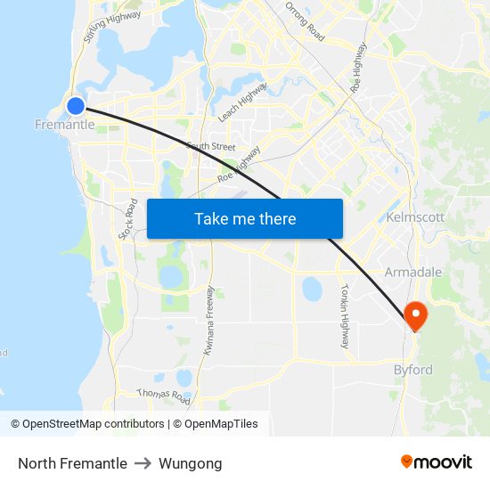 North Fremantle to Wungong map