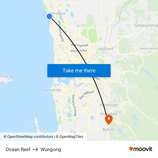 Ocean Reef to Wungong map