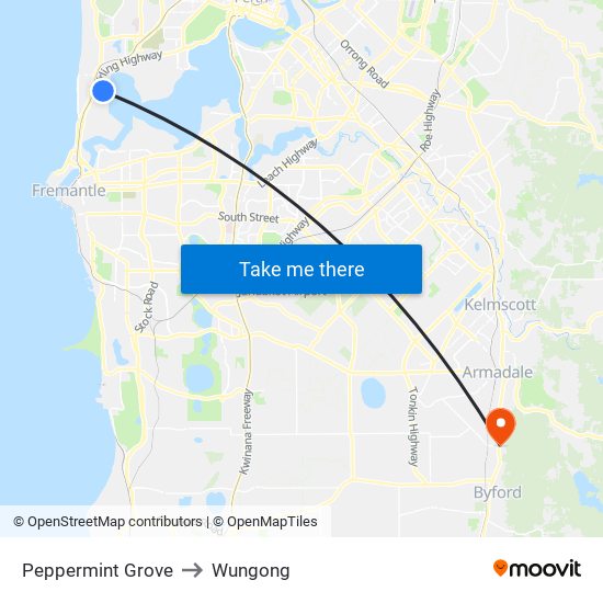 Peppermint Grove to Wungong map