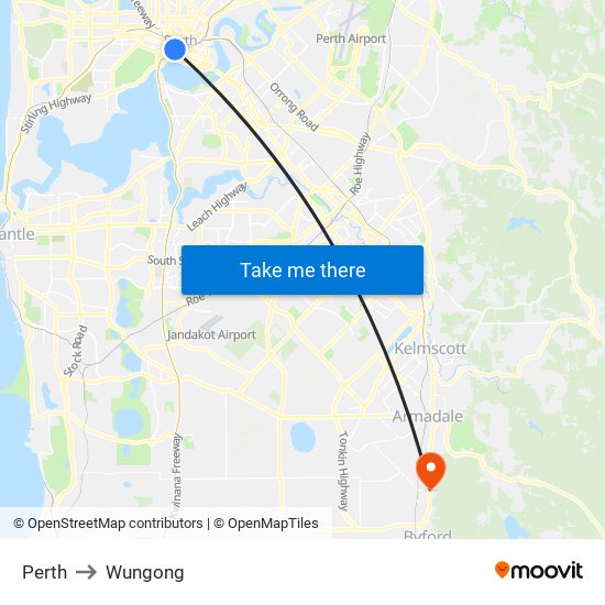 Perth to Wungong map