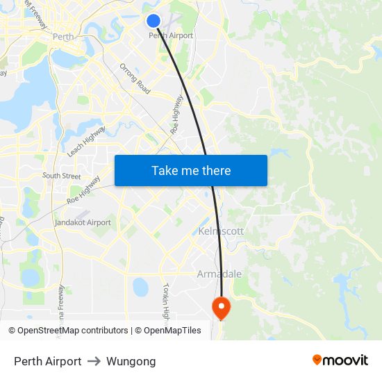 Perth Airport to Wungong map