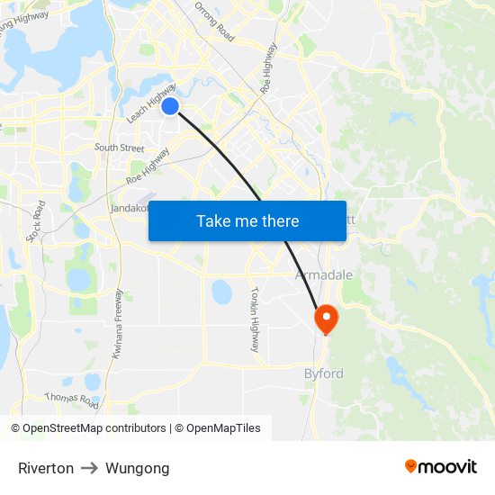 Riverton to Wungong map