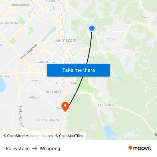 Roleystone to Wungong map