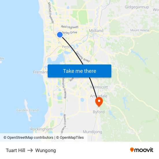 Tuart Hill to Wungong map