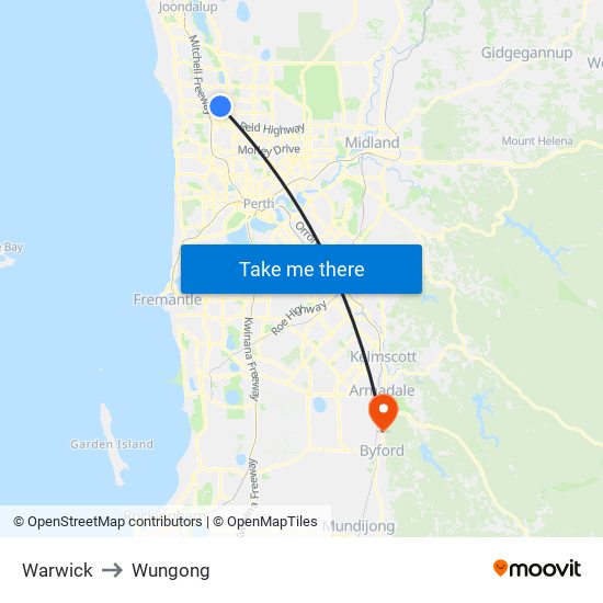 Warwick to Wungong map