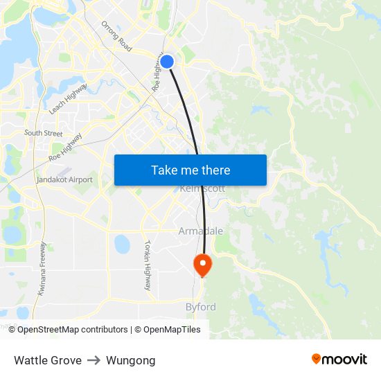 Wattle Grove to Wungong map