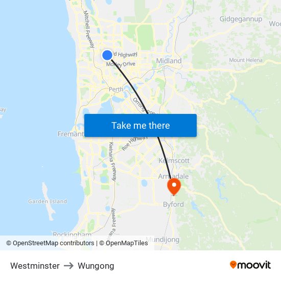 Westminster to Wungong map