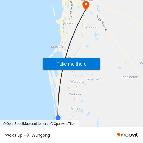 Wokalup to Wungong map