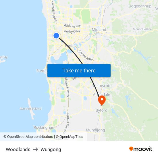 Woodlands to Wungong map