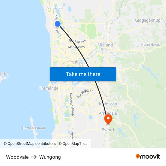 Woodvale to Wungong map