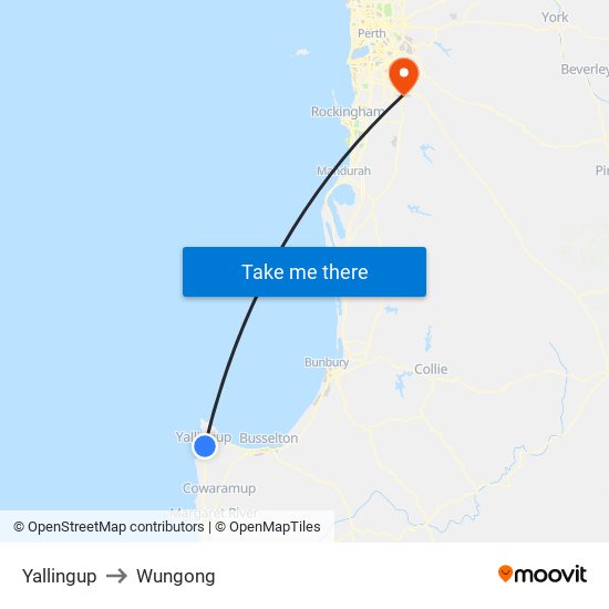 Yallingup to Wungong map