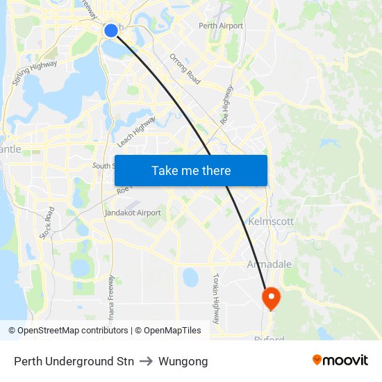 Perth Underground Stn to Wungong map