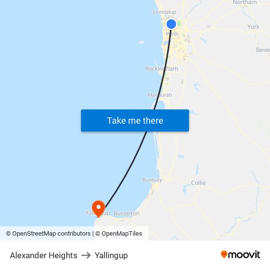 Alexander Heights to Yallingup map