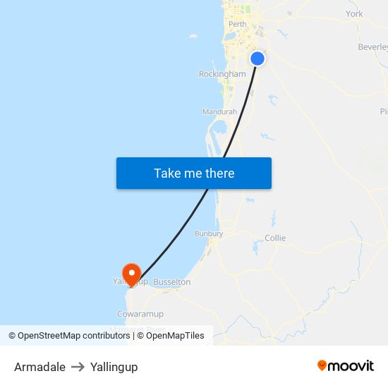 Armadale to Yallingup map