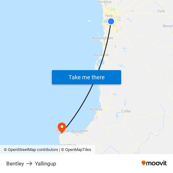 Bentley to Yallingup map