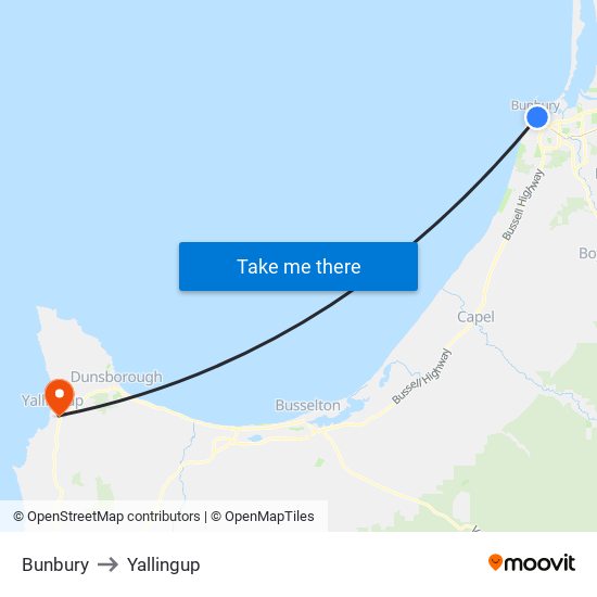 Bunbury to Yallingup map