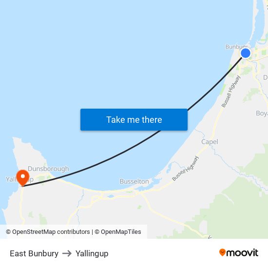 East Bunbury to Yallingup map