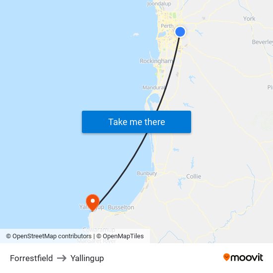 Forrestfield to Yallingup map