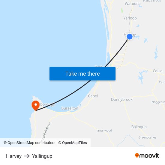 Harvey to Yallingup map