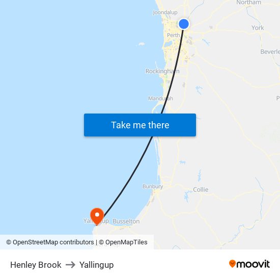 Henley Brook to Yallingup map