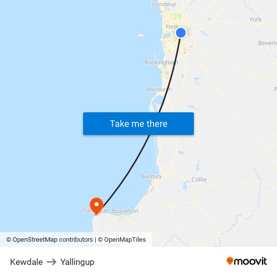 Kewdale to Yallingup map