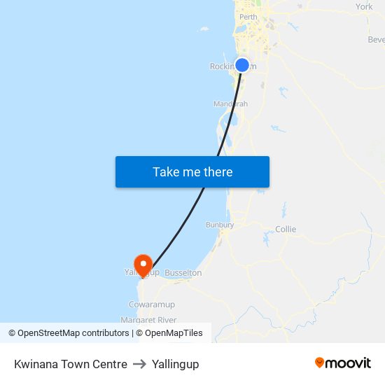 Kwinana Town Centre to Yallingup map