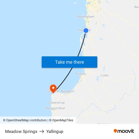 Meadow Springs to Yallingup map