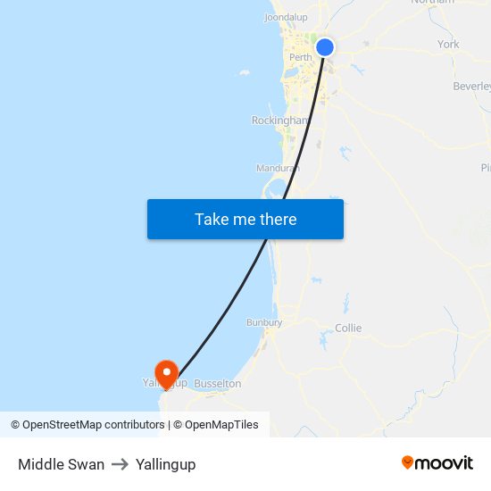 Middle Swan to Yallingup map