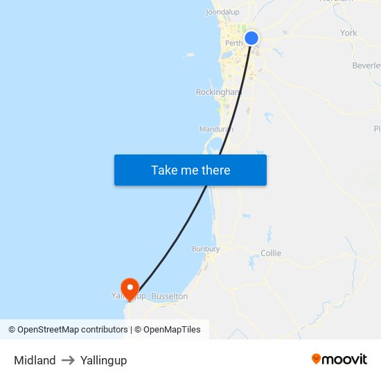 Midland to Yallingup map