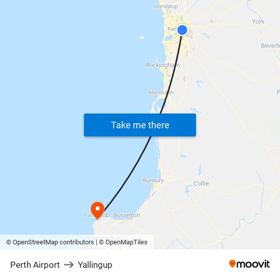 Perth Airport to Yallingup map