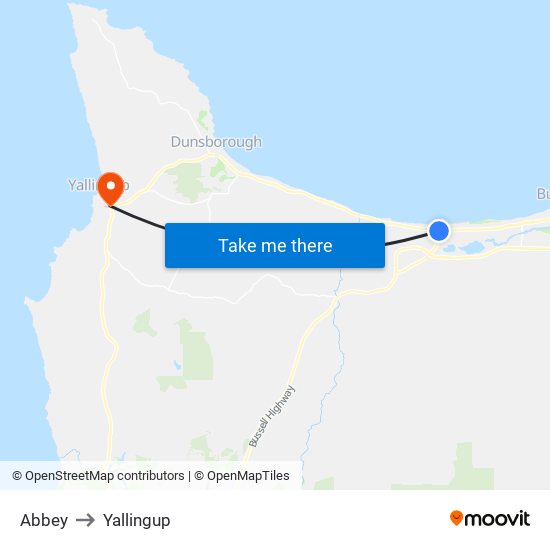 Abbey to Yallingup map