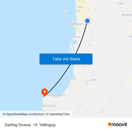 Darling Downs to Yallingup map