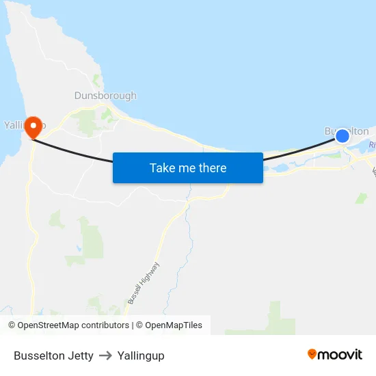 Busselton Jetty to Yallingup map