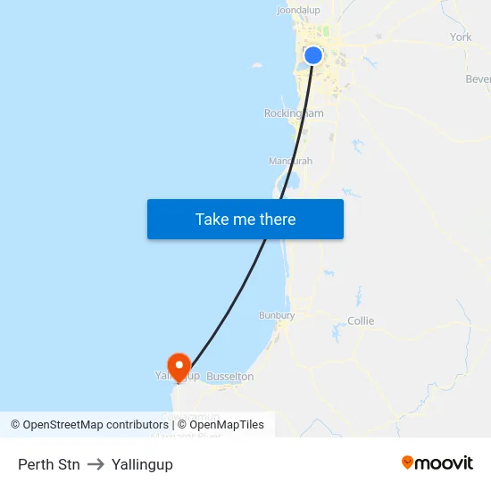 Perth Stn to Yallingup map