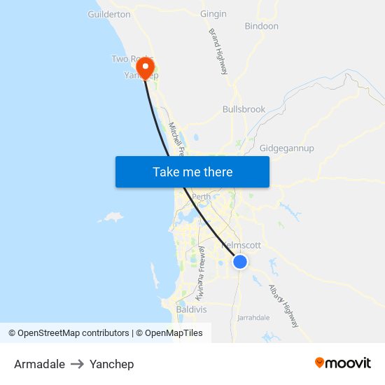 Armadale to Yanchep map