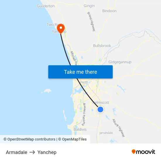 Armadale to Yanchep map
