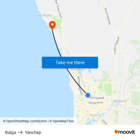 Balga to Yanchep map