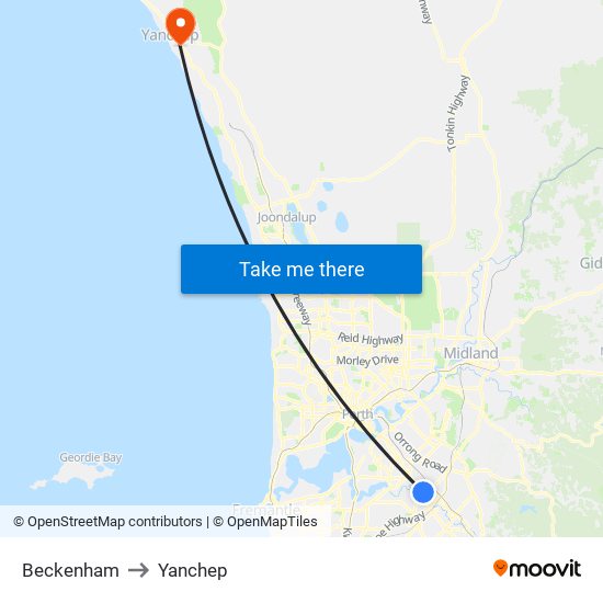 Beckenham to Yanchep map