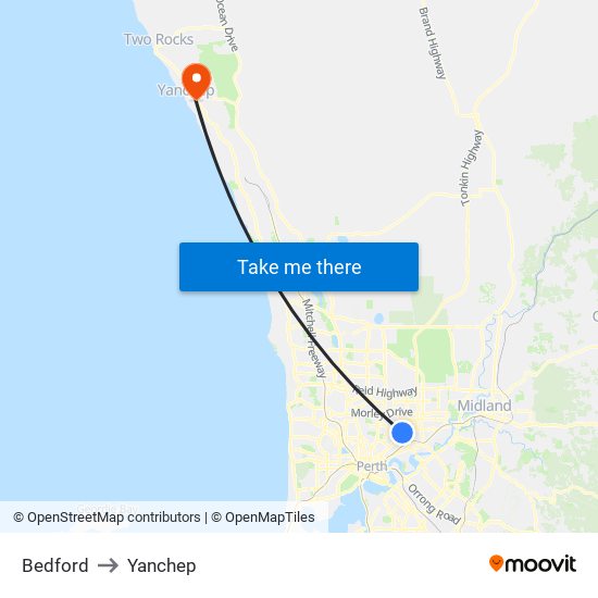 Bedford to Yanchep map