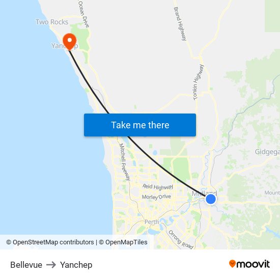 Bellevue to Yanchep map