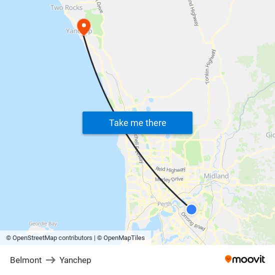 Belmont to Yanchep map